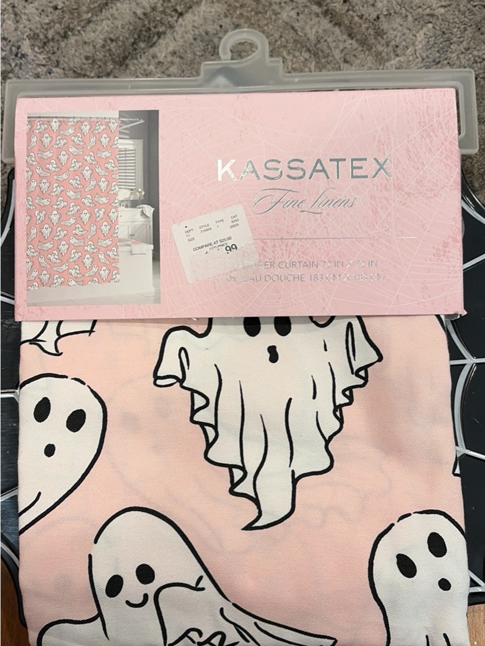 Brand new NWT Kassatex Viral Pink Halloween Ghost Fabric Shower Curtain Spooky